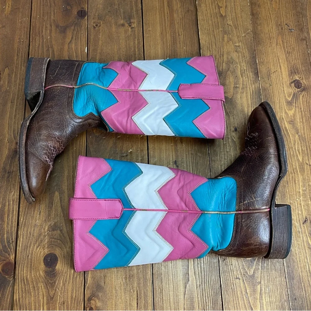 Macie Bean Girls Brown Western Boots with Pink, Teal & White Chevron Shaft